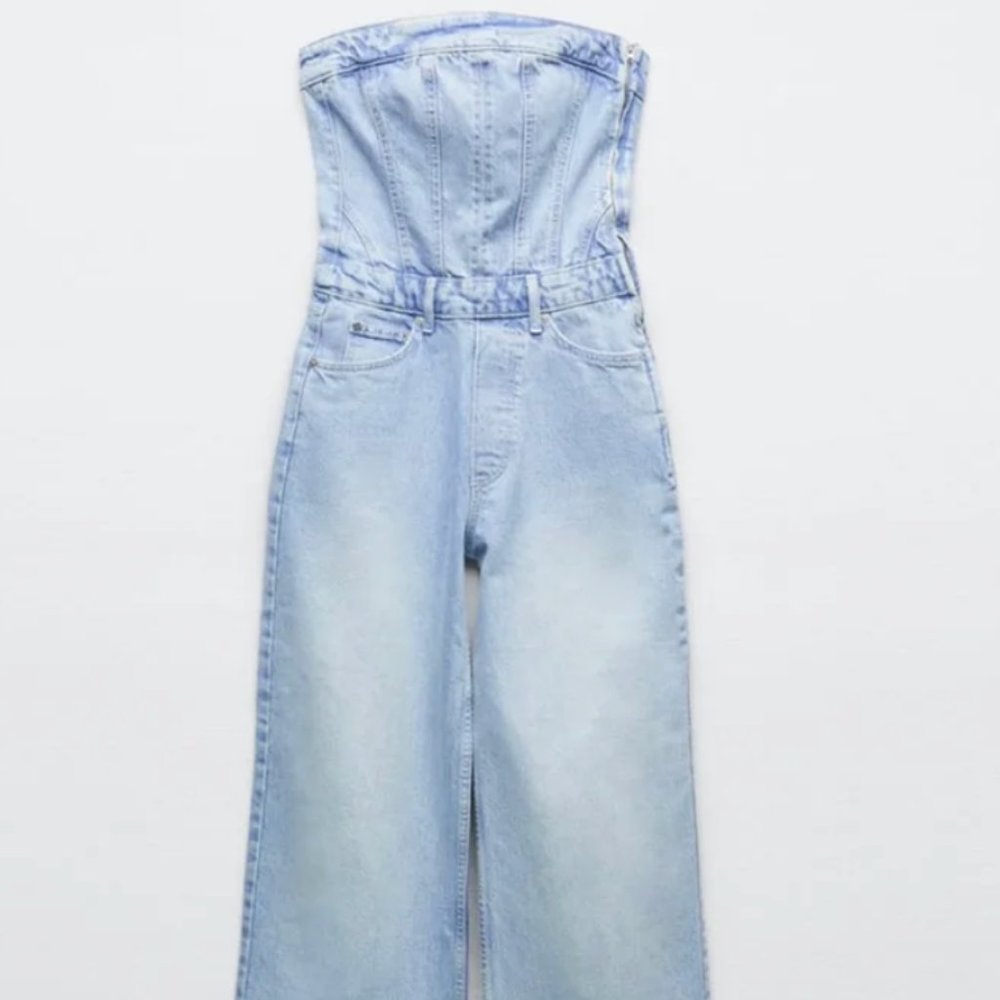 Zara Denim Strapless Jumpsuit - size XS